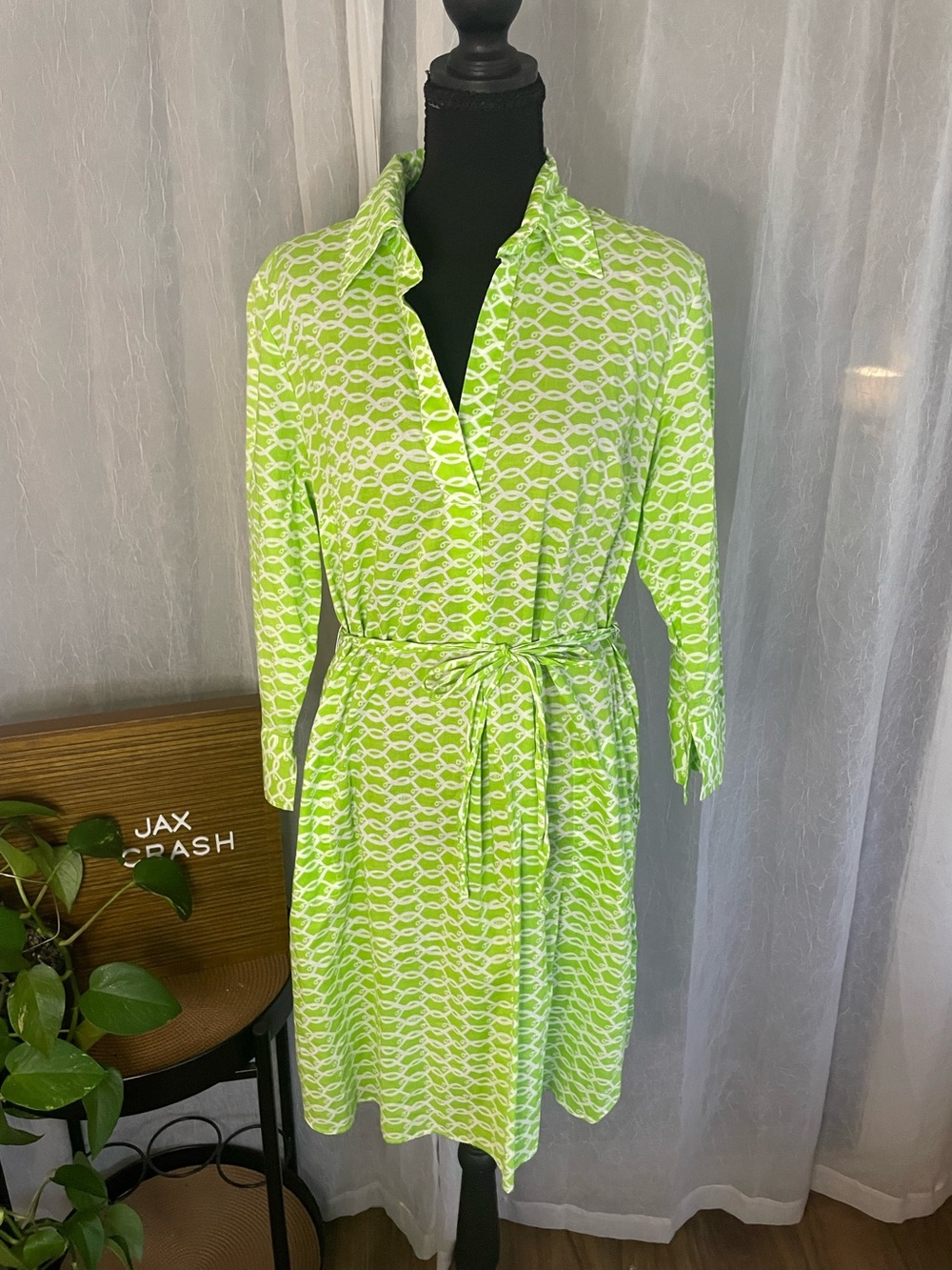 Lilly Pulitzer Neon Lime Patterned Shirt Dress with Tie Waist
